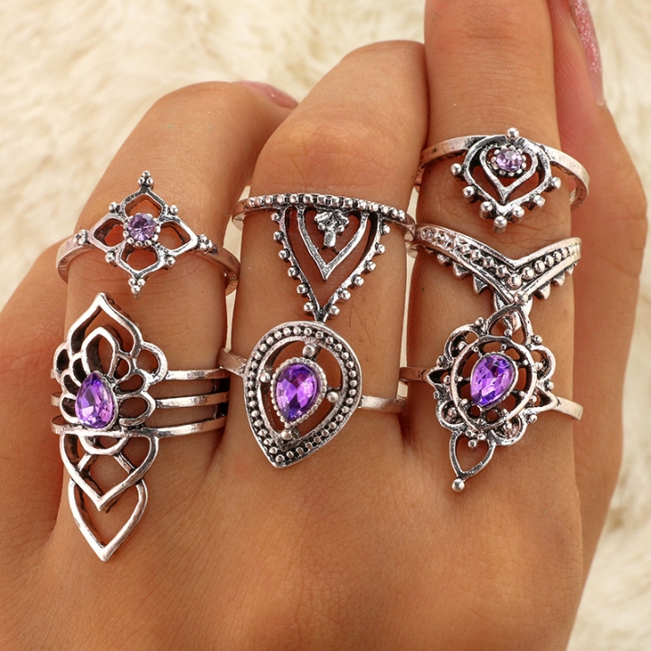 Retro Boho Flower Ring Sets Vintage Purple Crystal Knuckle Midi Rings  Beach Anillos Punk Jewellery
