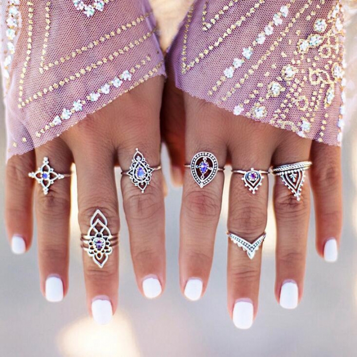 Retro Boho Flower Ring Sets Vintage Purple Crystal Knuckle Midi Rings  Beach Anillos Punk Jewellery