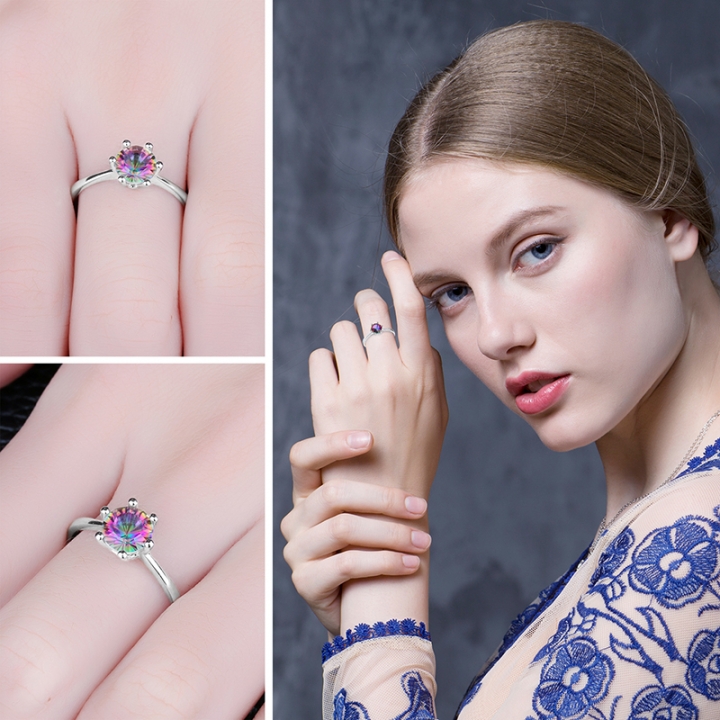 Natural Mystic Fire Rainbow Topaz Ring Engagement Wedding Ring Solid Fine Women Classic Jewelry