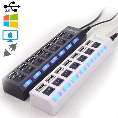7 Ports LED USB 2.0 Adapter Hub Power on/off Switch For PC Laptop Black