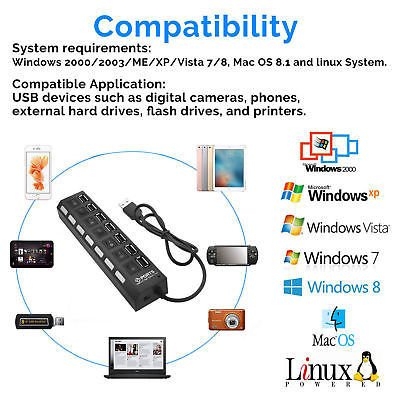 7 Ports LED USB 2.0 Adapter Hub Power on/off Switch For PC Laptop Black