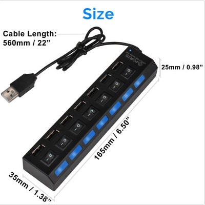 7 Ports LED USB 2.0 Adapter Hub Power on/off Switch For PC Laptop Black