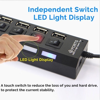 7 Ports LED USB 2.0 Adapter Hub Power on/off Switch For PC Laptop Black