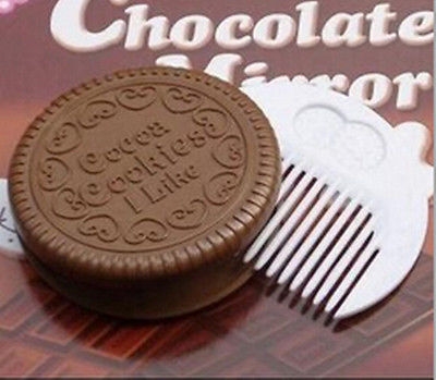 3 pcs Mini Pocket Chocolate Cookie Biscuits Compact Mirror With Comb ~Cute