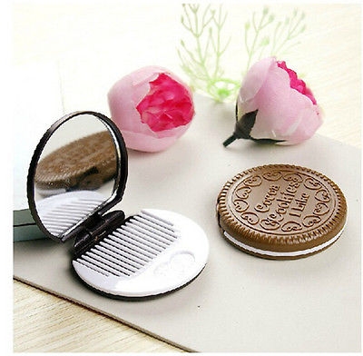 3 pcs Mini Pocket Chocolate Cookie Biscuits Compact Mirror With Comb ~Cute