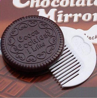 3 pcs Mini Pocket Chocolate Cookie Biscuits Compact Mirror With Comb ~Cute