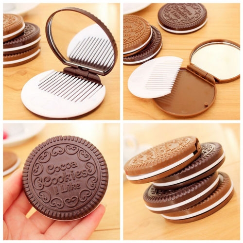 3 pcs Mini Pocket Chocolate Cookie Biscuits Compact Mirror With Comb ~Cute