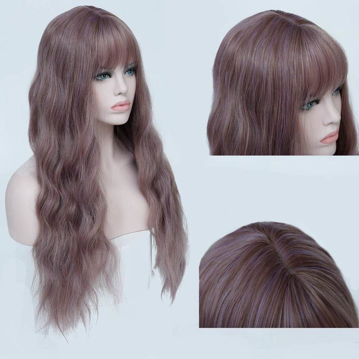 26" Long Mix Purple Womens Wigs With Bangs Heat Resistant Synthetic Kinky Curly Wigs