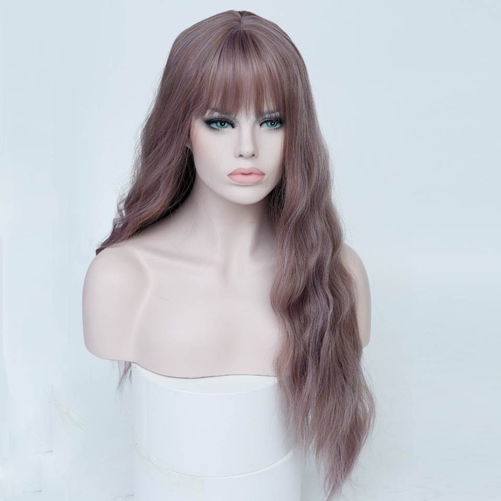26" Long Mix Purple Womens Wigs With Bangs Heat Resistant Synthetic Kinky Curly Wigs