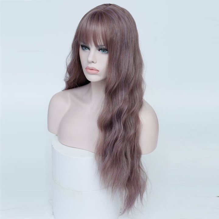 26" Long Mix Purple Womens Wigs With Bangs Heat Resistant Synthetic Kinky Curly Wigs