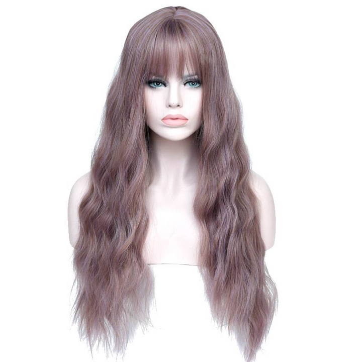 26" Long Mix Purple Womens Wigs With Bangs Heat Resistant Synthetic Kinky Curly Wigs