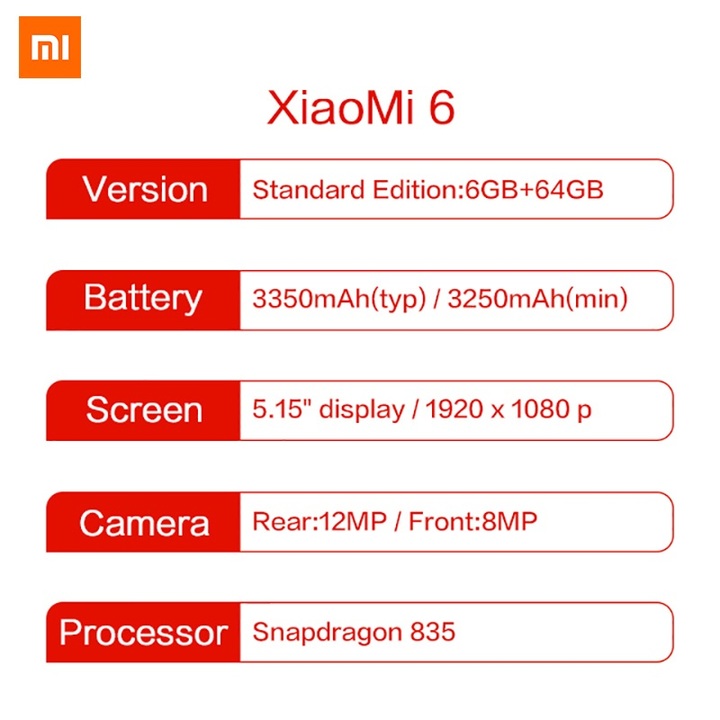 Refurbished Xiaomi Mi 6 5.15" 6GB +128GB 1080p 4G smartphone dual camera 12.0MP 3350mAh Mi6
