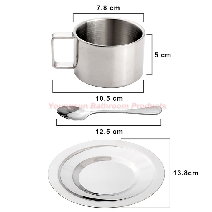 High Quality 304 Stainless Steel Coffee Cup Saucer and Spoon Set SUS304 Double Wall Tea Cup