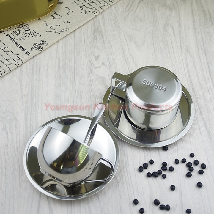 High Quality 304 Stainless Steel Coffee Cup Saucer and Spoon Set SUS304 Double Wall Tea Cup