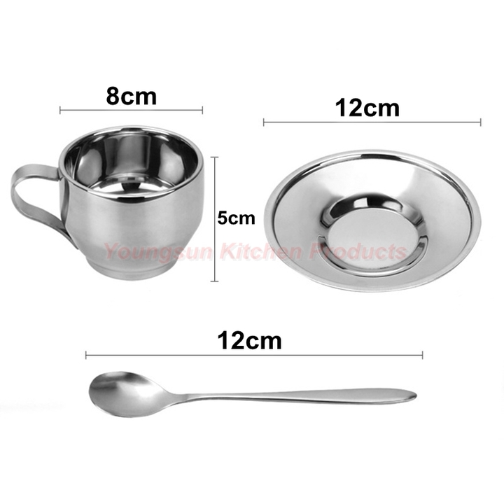 High Quality 304 Stainless Steel Coffee Cup Saucer and Spoon Set SUS304 Double Wall Tea Cup