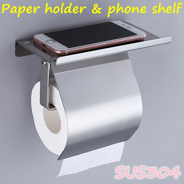 304 Stainless Steel Bathroom Toilet Paper Holder with Shelf SUS304 Toilet Roll Dispenser with Lid