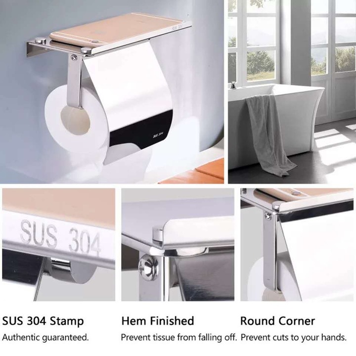 304 Stainless Steel Toilet Tissue Holder with Phone Shelf Bathroom Accessories Toilet Roll Dispenser