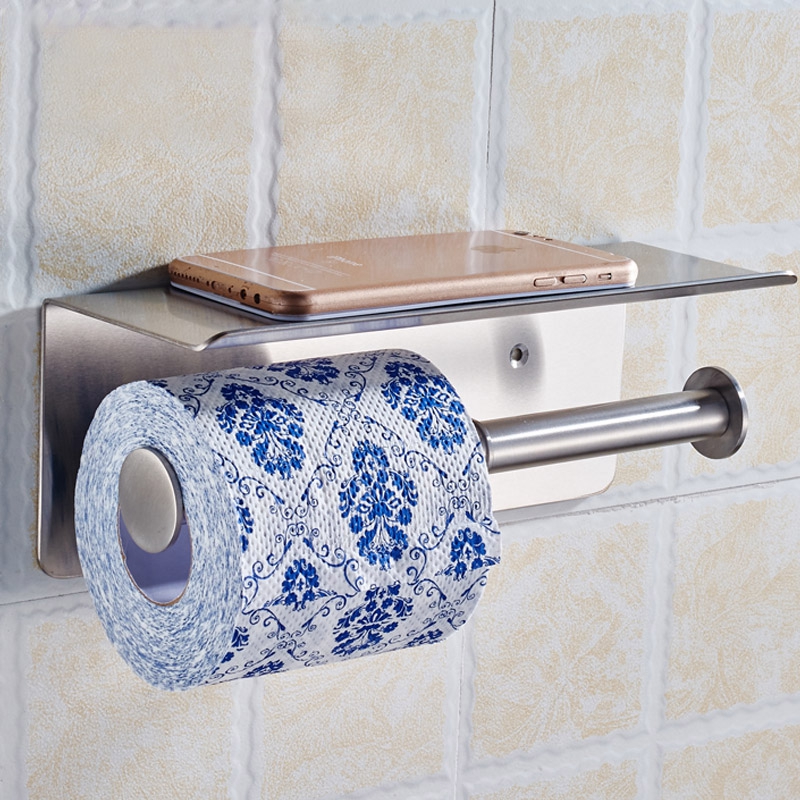Luxury 304 Stainless Steel Double Toilet Paper Holder with Mobile Phone Shelf Bathroom Shelves