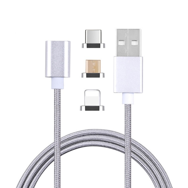 Fast Charging Nylon Braided 3 in 1 Strong Magnetic USB Data Sync Cable for iphone Android Type-C