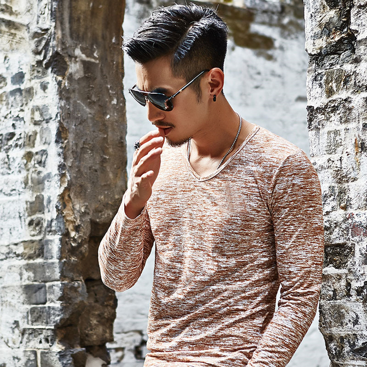Lucky Men T-shirt Men's Hooded Wild Long-sleeved T-shirt Explosion Models Bottoming Shirt