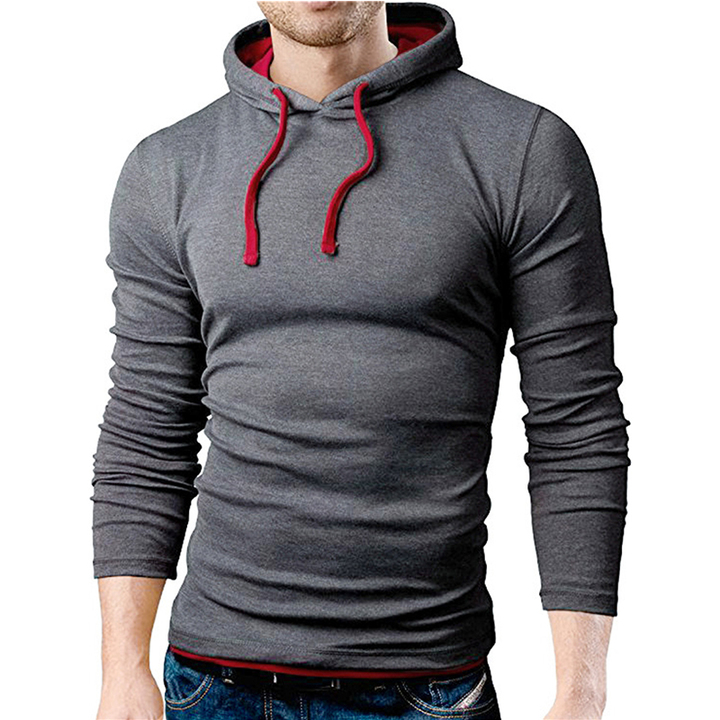 Lucky Men New Arrival Men's Solid Color Stitching Hit Color Hooded Loose Long-sleeved T-shirt