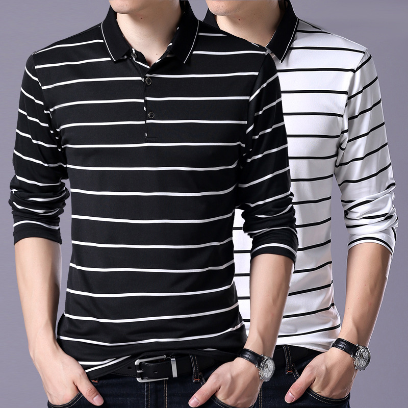 Men cotton  long-sleeved striped T-shirt men large size casual polos men clothing