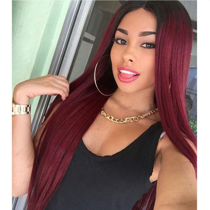 Women's Long Straight Wig African Colour Gradual Change Fiber Hair Wig
