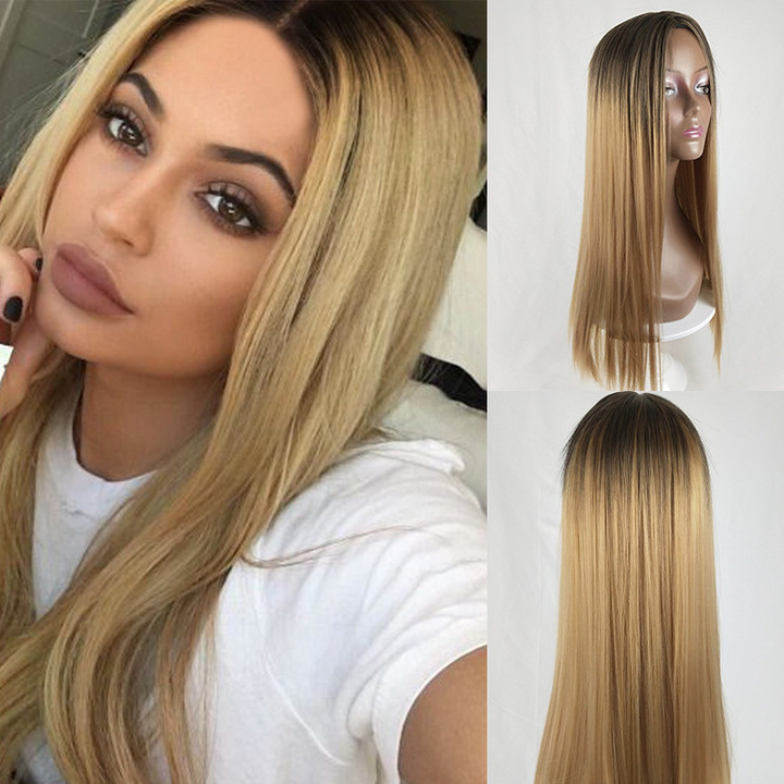Women's Long Straight Wig African Colour Gradual Change Fiber Hair Wig