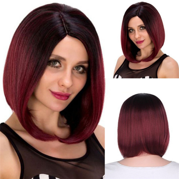 Black gradient wine red short straight hair wig high temperature silk wigs