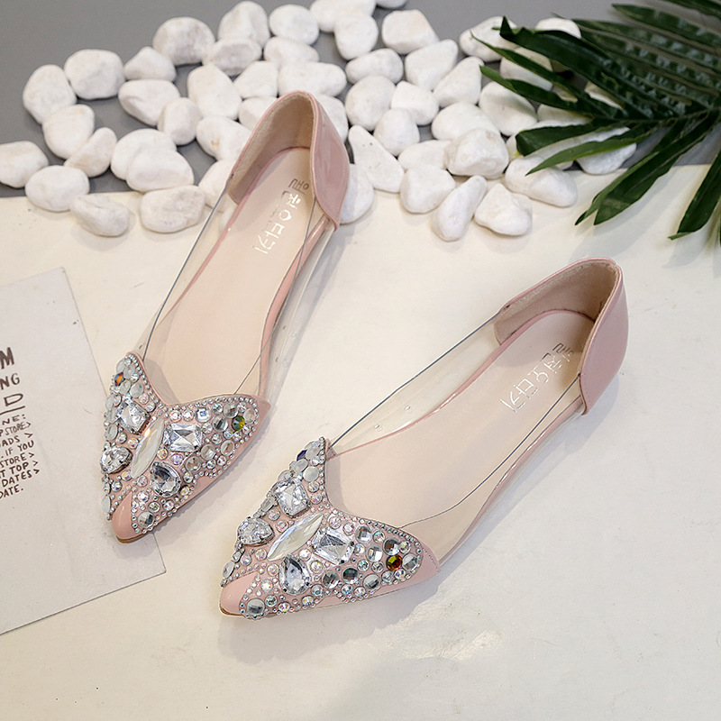 Water drill single shoes women's flat sole pointed head butterfly color drill shallow mouth shoes