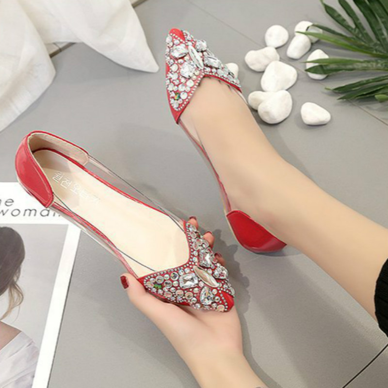 Water drill single shoes women's flat sole pointed head butterfly color drill shallow mouth shoes