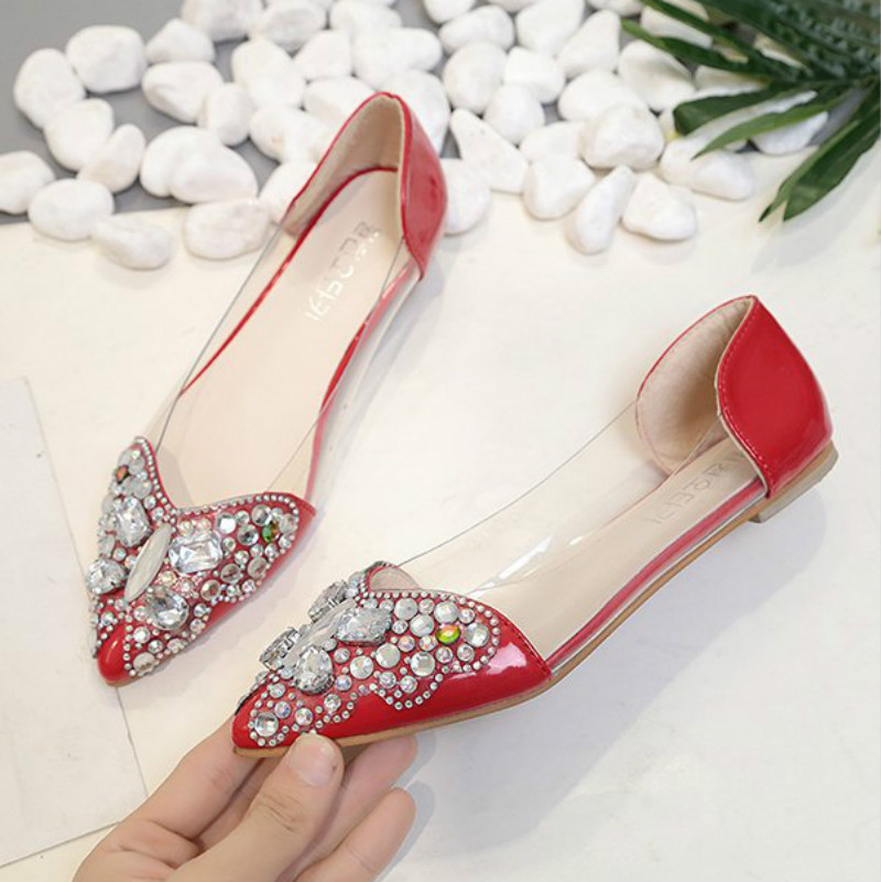 Water drill single shoes women's flat sole pointed head butterfly color drill shallow mouth shoes
