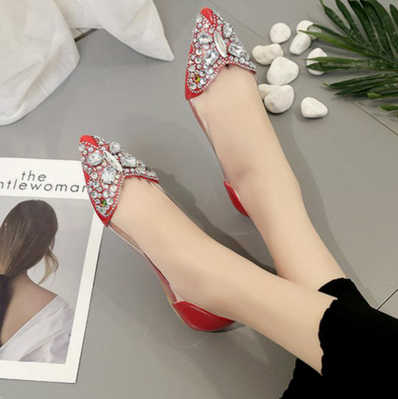 Water drill single shoes women's flat sole pointed head butterfly color drill shallow mouth shoes