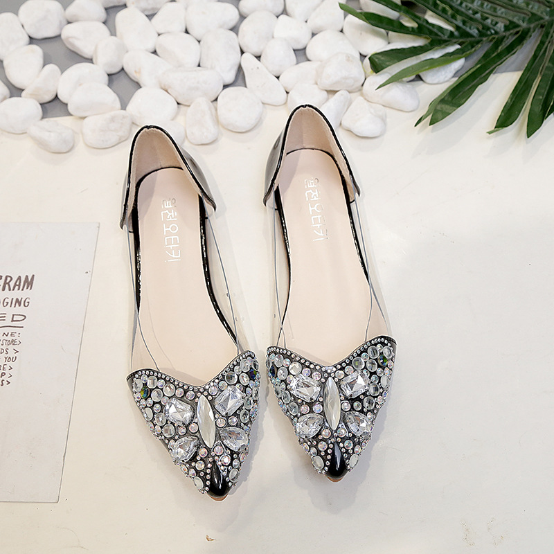 Water drill single shoes women's flat sole pointed head butterfly color drill shallow mouth shoes