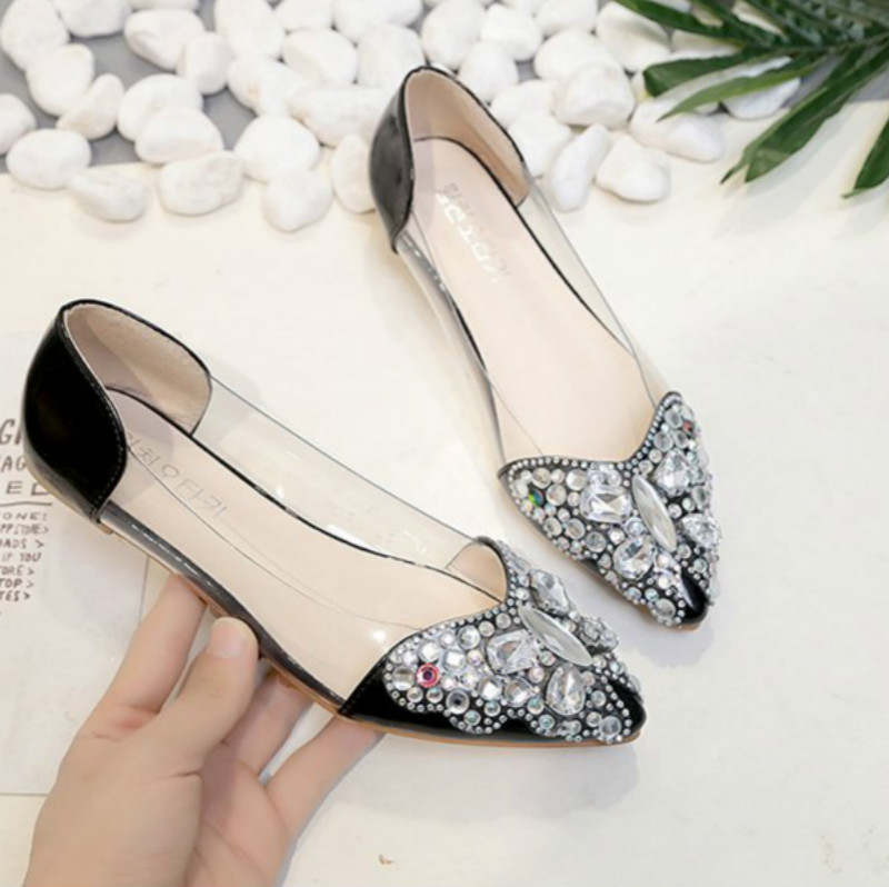 Water drill single shoes women's flat sole pointed head butterfly color drill shallow mouth shoes