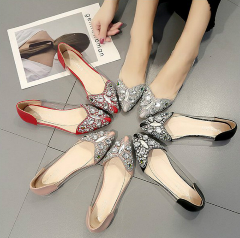 Water drill single shoes women's flat sole pointed head butterfly color drill shallow mouth shoes