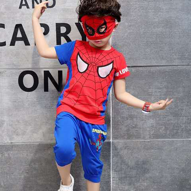 D-baby 2-7y Cool Boy Spider-Man / Superman Top + Shorts + Blinds Set, Cotton Set, Handsome Boy Set