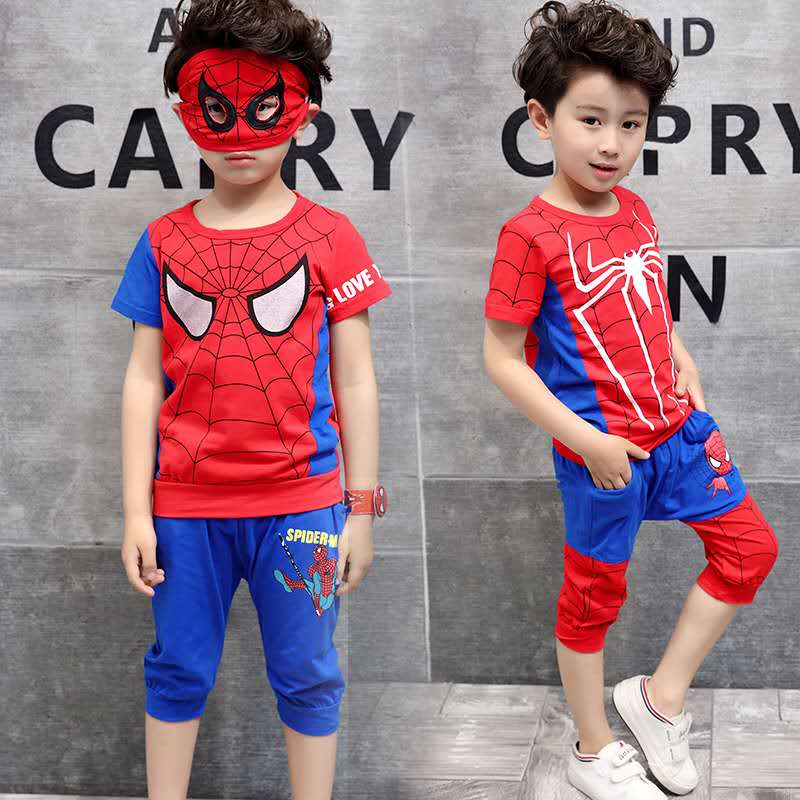 D-baby 2-7y Cool Boy Spider-Man / Superman Top + Shorts + Blinds Set, Cotton Set, Handsome Boy Set
