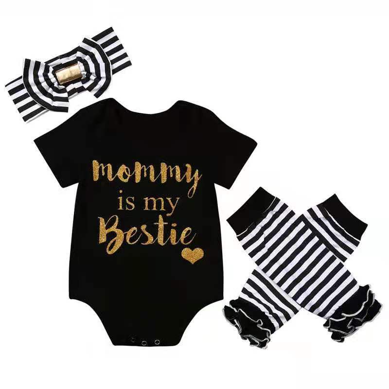 D-baby Children's clothing Newborn Baby Girl Romper Tops Headband Leg Warmer 3pcs Outfit Set