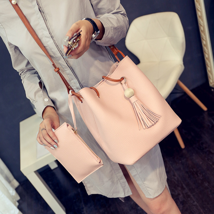 MIBO 2pcs New Bucket Bag Fashion Tassel Handbag Single Shoulder Oblique Straddle Bag PU Leather