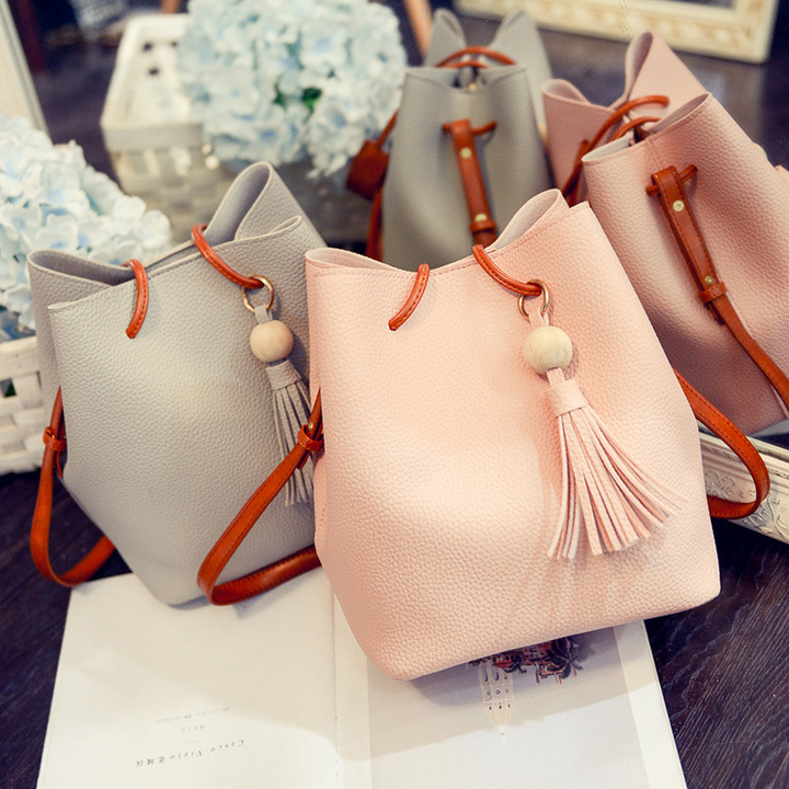 MIBO 2pcs New Bucket Bag Fashion Tassel Handbag Single Shoulder Oblique Straddle Bag PU Leather