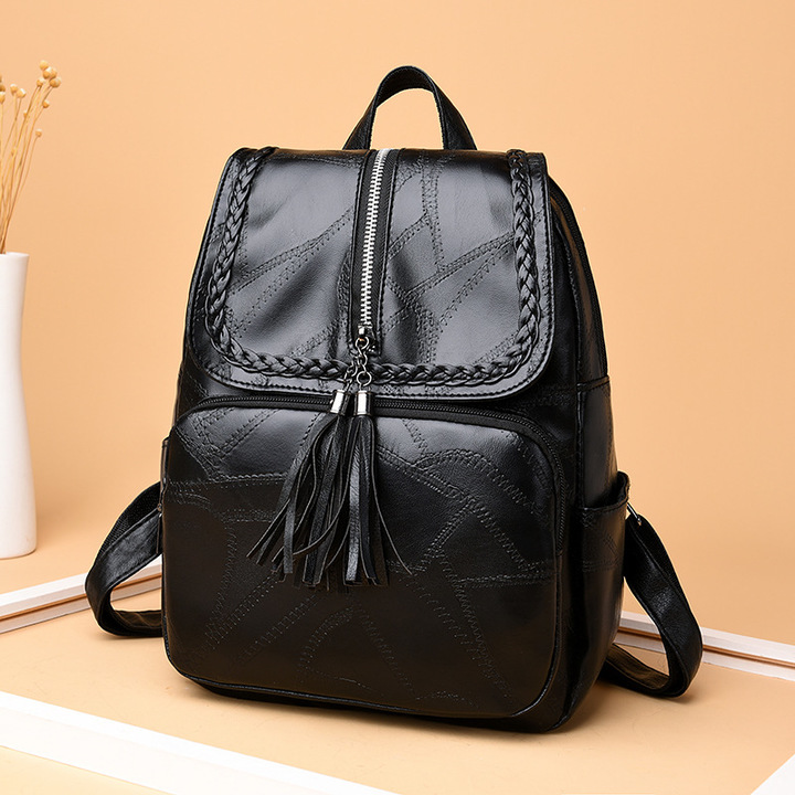 MIBO New Korean Splice Leather Double Back Pure Color Retro Backpack Fashion Bag