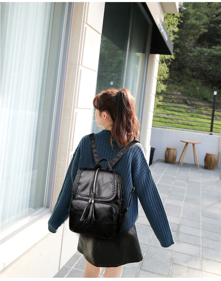 MIBO New Korean Splice Leather Double Back Pure Color Retro Backpack Fashion Bag