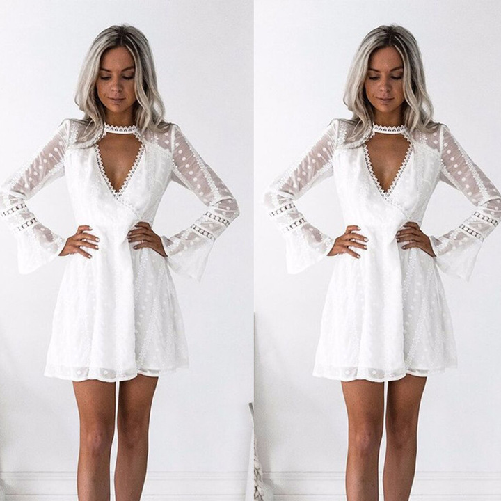 MIBO Europe America Hot selling Lace Deep V-shaped Trumpet Sleeve Dress Female Flare Sleeve Skirt