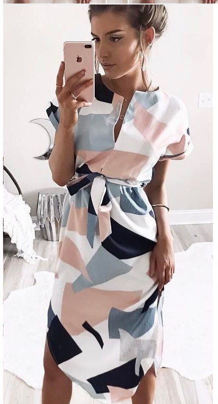 MIBO Good Quality Sexy V-neck Square Printed Mid-length Dresses Women's Skirt