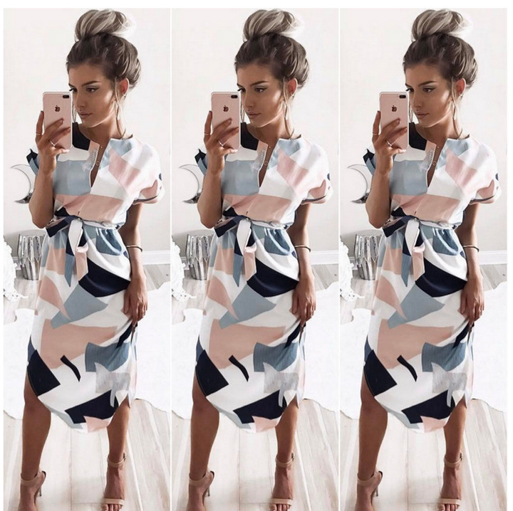 MIBO Good Quality Sexy V-neck Square Printed Mid-length Dresses Women's Skirt