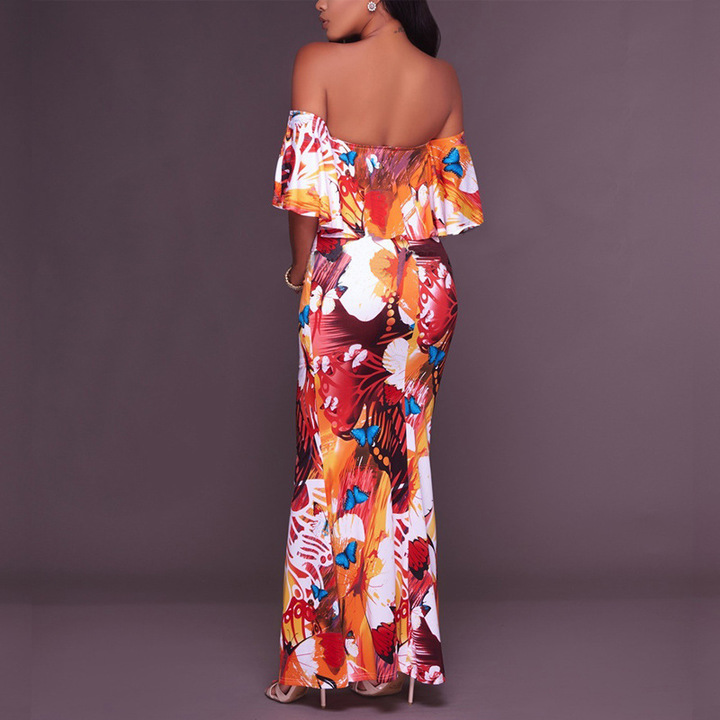MIBO Women's Sexy Chest-wiping Long Skirt Lotus Leaf-edge Chest-wiping Printed Dress