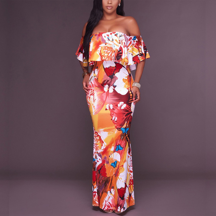 MIBO Women's Sexy Chest-wiping Long Skirt Lotus Leaf-edge Chest-wiping Printed Dress