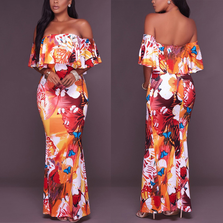 MIBO Women's Sexy Chest-wiping Long Skirt Lotus Leaf-edge Chest-wiping Printed Dress