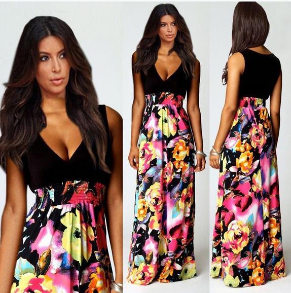 MIBO New Printing Long Skirt Deep V-necked Sleeveless Dress